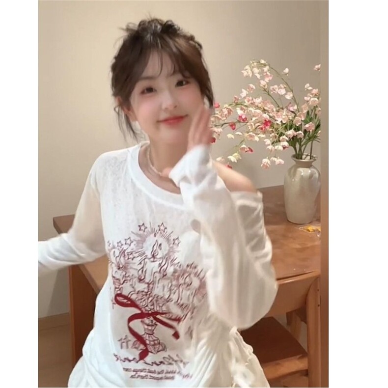 美式斜肩长袖t恤女春季新款涂鸦印花慵懒风防晒罩衫宽松薄款上衣,男装防晒衣,星座1210-1