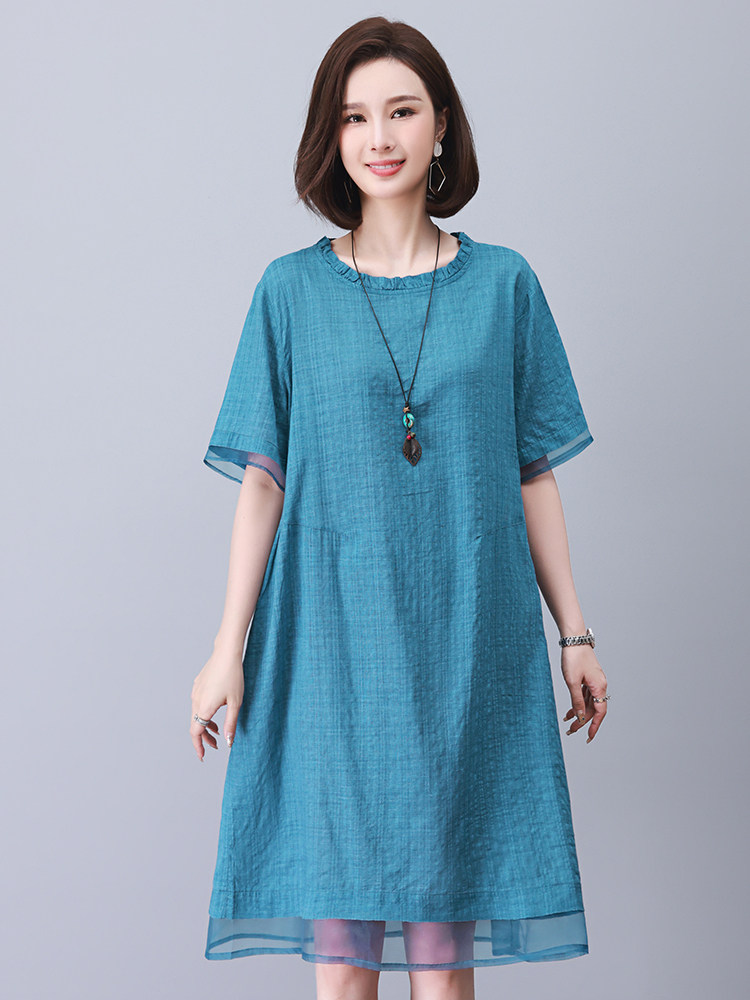 奥特莱斯美国日本出口胖MM妈妈夏装棉麻连衣裙女宽松显瘦大码女装,女装连衣裙,悦见她