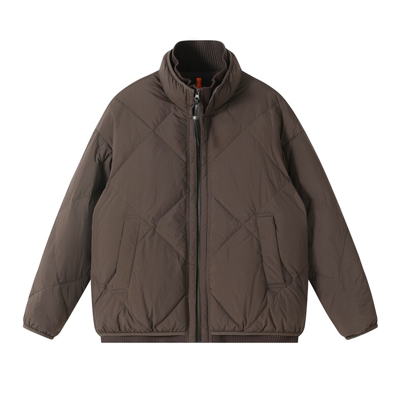 2025冬季新款潮流时尚男双层领菱格宽松保暖百搭立领羽绒服外套，男装羽绒服，电商A234