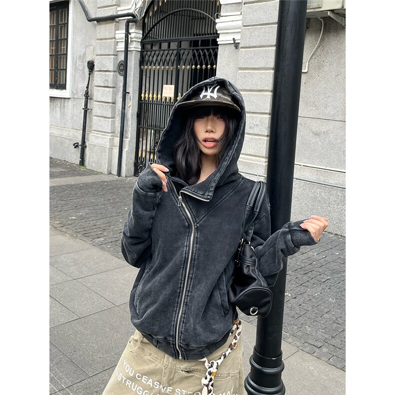 连帽斜拉链卫衣男女修身百搭显瘦设计感翻领美式开衫外套上衣图片