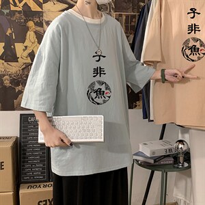 YT26070-P30亚麻短袖t恤男大码五分袖男宽松七分袖海报风,男装T恤,电商A040