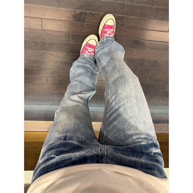 【有货】K7053LL-特P48 浅蓝色闪电纹牛仔裤男女设计感直筒裤子图片