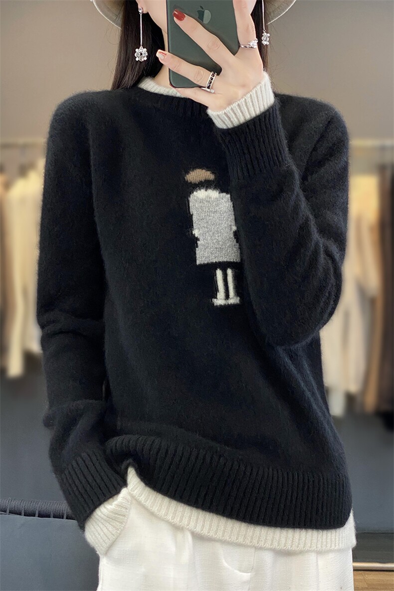 秋冬新款100%羊绒衫女双领拼色绣花毛衣宽松显瘦加厚羊毛针织打底,女装羊毛衫,蒙特羊绒