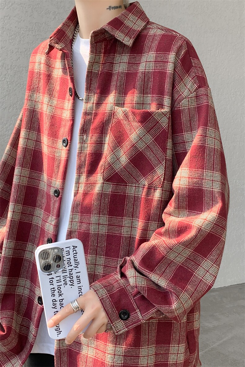 8XL-M格子衬衫男长袖秋季美式复古潮宽松衬衣外套CS516P55控78,男装衬衫,电商D206-1