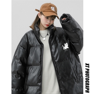 中性风 新冬季时尚百搭宽松字母印花PU皮棉服外套MY6454P115控158图片