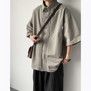 F232-P37 2024夏季新款百搭翻领休闲短袖日系潮牌工装衬衫男 现货图片