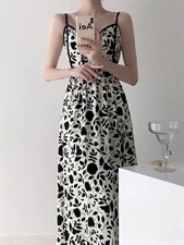 韩版甜美淑女时尚印花两件套连衣裙，女装连衣裙，荷塘月色