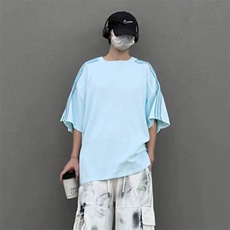 抖音得物品质二开240克宽松纯棉美式潮牌印花三条杠中性风短袖T恤，男装T恤，电商A486