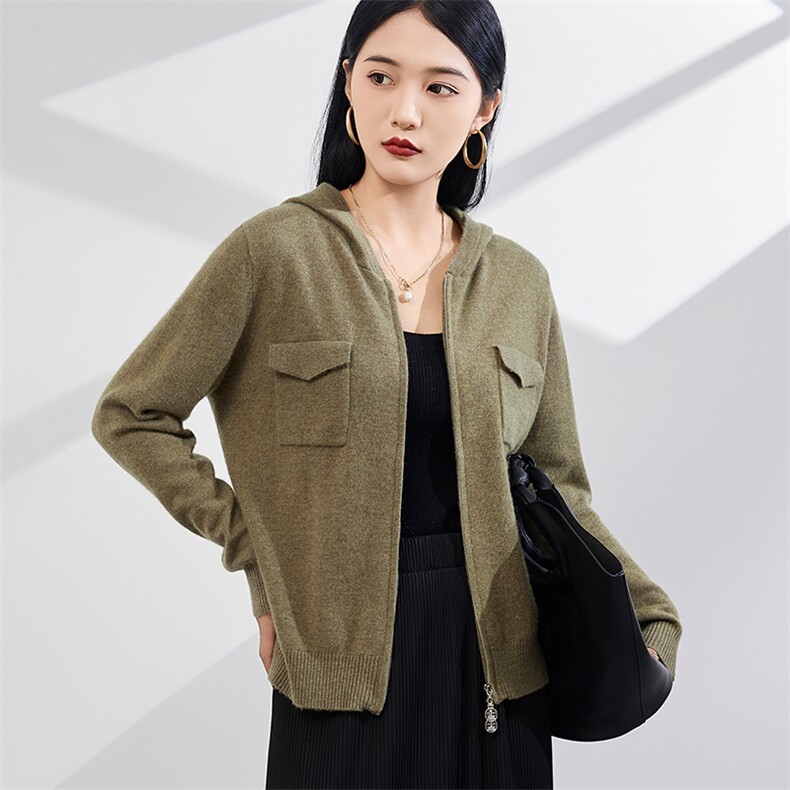 时尚百搭秋冬新款羊绒双兜拉链长袖帽衫，女装羊绒衫，美够羊绒