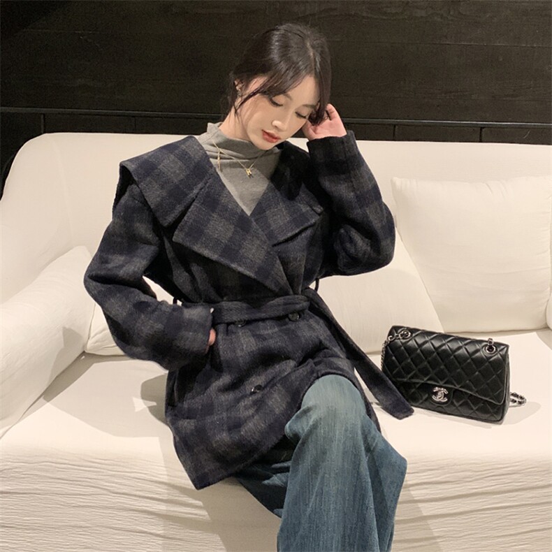 现货主推新款双面羊毛呢青果翻领配胸针腰带白领知性轻奢羊毛大衣,女装双面呢大衣,琦鑫阁（原依鑫阁）