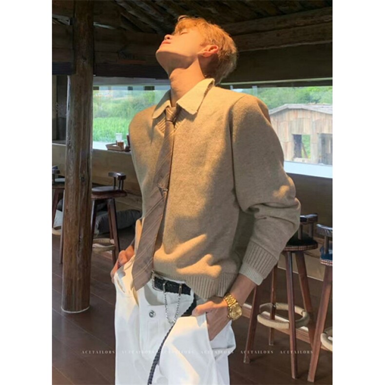 假两件v领毛衣男款冬季翻领老钱风针织衫上衣慵懒风外套MY5012,男装针织衫/毛衣,星座1116A（原606A-3）