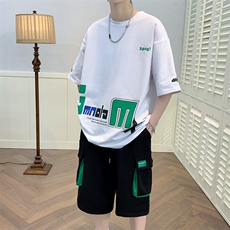 新款夏季短袖T恤工装裤短裤套装港风纯棉宽松潮男装DF320TP65，男装休闲套装，电商A086