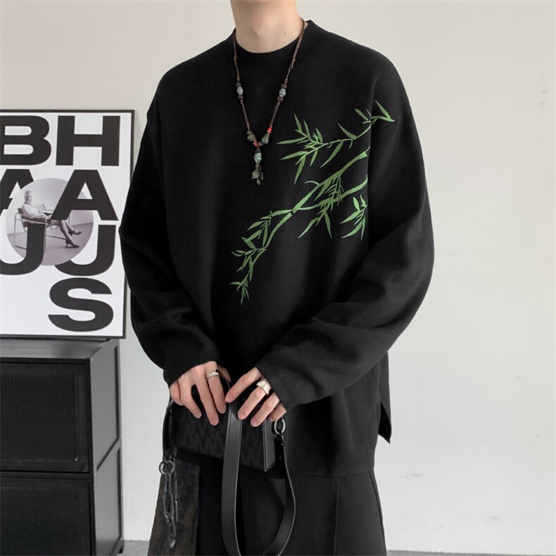 冬季暗黑潮圆领加厚毛衣套头风翠竹刺绣羊毛衫休闲针织衫,男装针织衫/毛衣,星座909-2（原星座717-2）