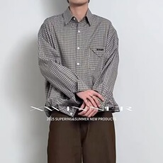 C396-P55日系复古刺绣格纹廓形长袖衬衫，男装衬衫，电商B323A