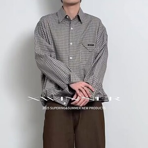 C396-P55 日系复古刺绣格纹廓形长袖衬衫图片