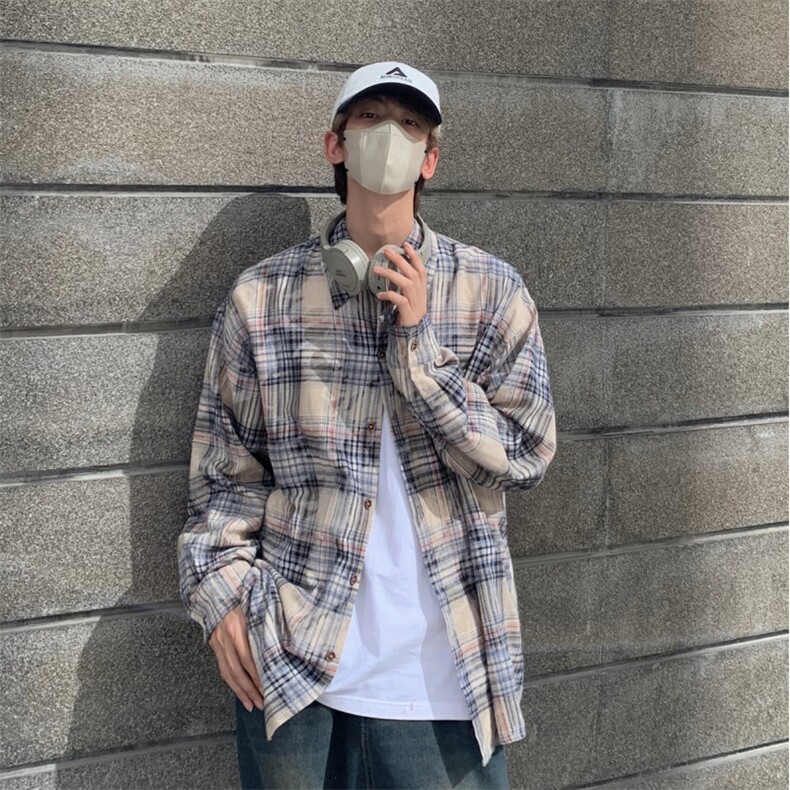 抖音品质美式高街纯棉男士长袖格子衬衫DX509P55控89图片