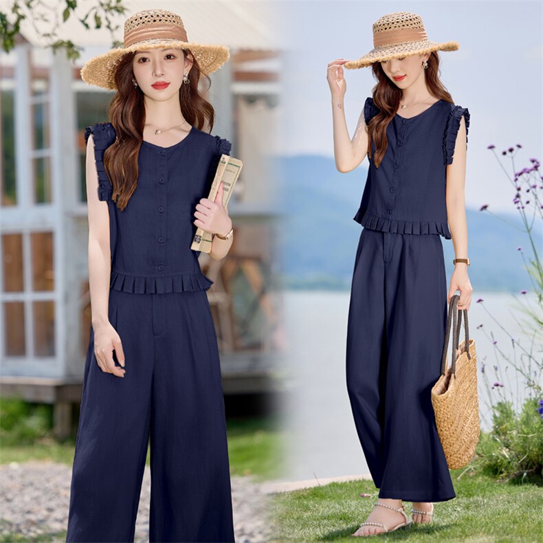 现货。薄款亚麻阔腿裤两件套时尚气质无袖上衣九分裤套装，女装套装/套裙，E百度