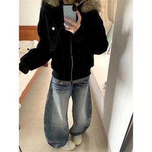 现货重磅boxy短款棉衣座山雕大毛毛领男女棉服水洗工装厚外套图片