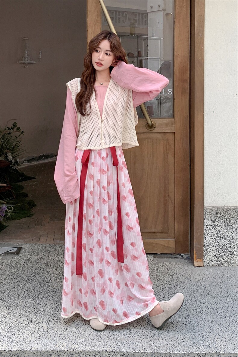 氛围感减龄镂空钩花马甲套装裙女秋2025新款衬衫印花半身裙三件套,女装套装/套裙,2C028