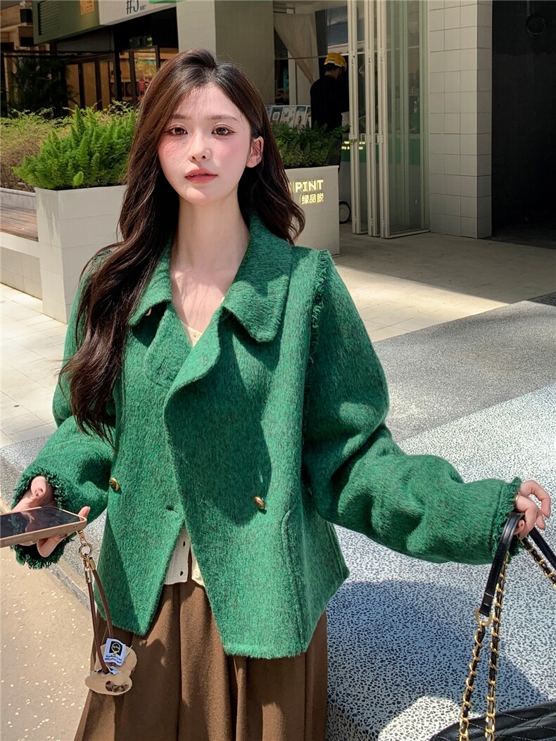现货2026春秋新款流苏双面羊毛呢宽松ins外套,女装毛呢外套,丝露怡语
