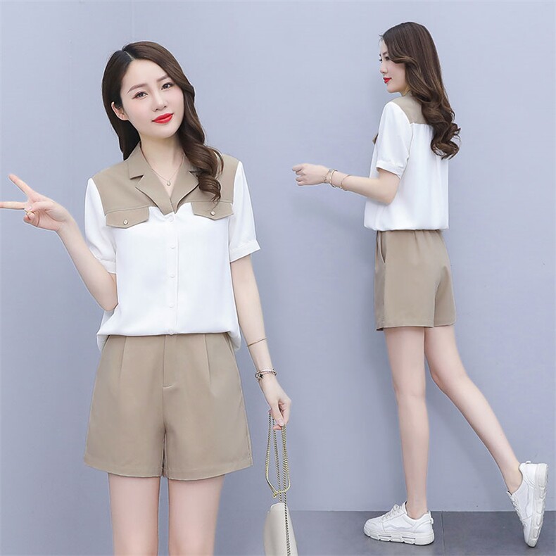两件套2023夏季新款质感撞色拼接衬衫裤子套装女,女装套装/套裙,雅佳俏