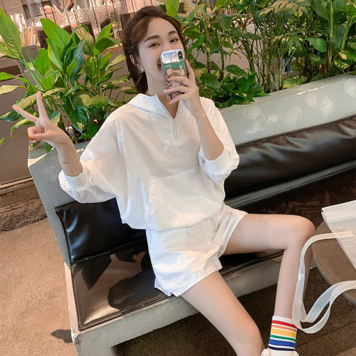 现货休闲短裤运动服时尚套装女夏季新款薄款学院风简约连帽防晒衣图片
