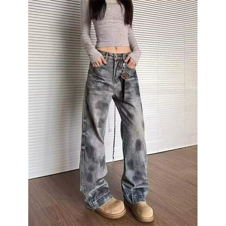 网络图现货牛仔裤男设计感微喇裤宽松潮牌痞帅阔腿长裤RN803-P55图片