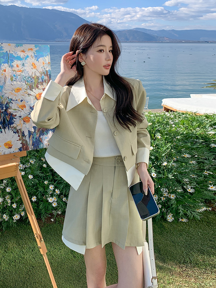 春现-学院风可盐可甜假两件外套裙套装B190-2813-P160-K218,女装套装/套裙,2B190