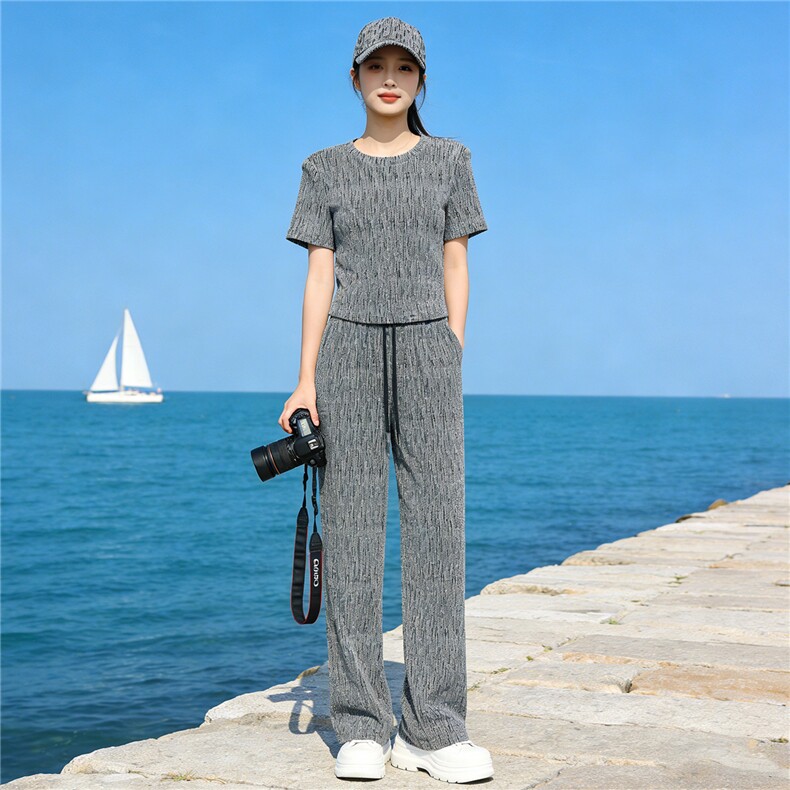 潮流时尚气质套装女夏季新款欧货重工慵懒风灰色短袖阔腿裤两件套,女装套装/套裙,江南