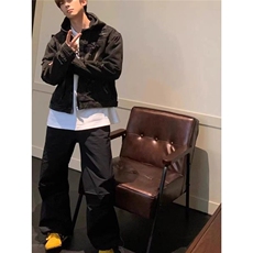 美式复古拉链破洞连帽牛仔外套男款潮流宽松百搭水洗做旧夹克上衣，男装夹克，星座506A