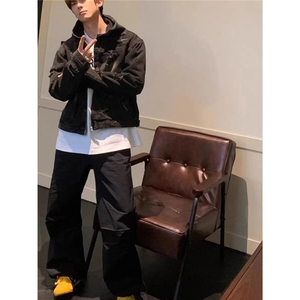 美式复古拉链破洞连帽牛仔外套男款潮流宽松百搭水洗做旧夹克上衣图片