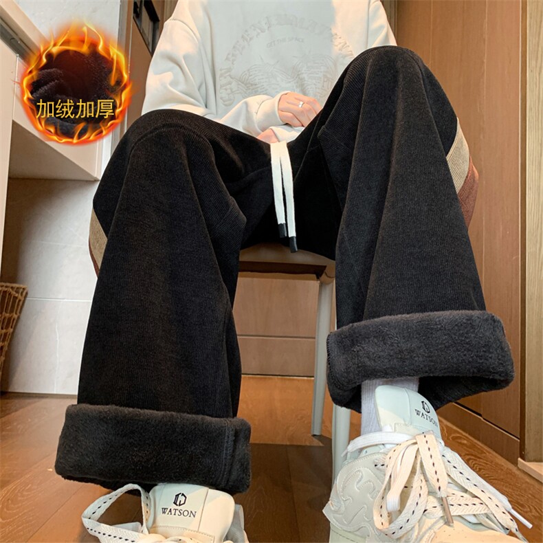 冬季加绒加厚欧棉绒超细条美式高街直筒拖地裤休闲卫裤867-P65,男装休闲裤,电商C305A