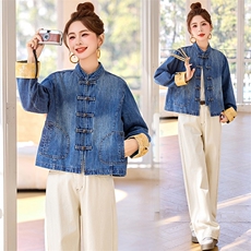 新中式提花拼接牛仔外套女2025春秋新款休闲百搭超火唐装盘扣上衣，女装牛仔外套，润尚靓点