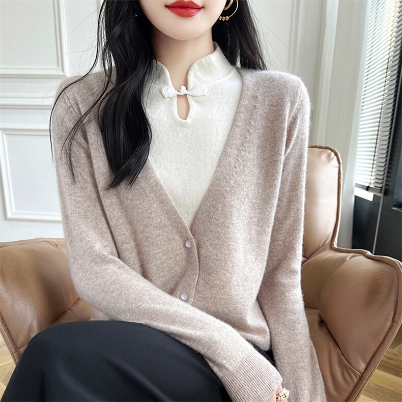 羊毛衫女假两件中国风立领打底衫新中式毛衣女针织内搭拼色长袖图片