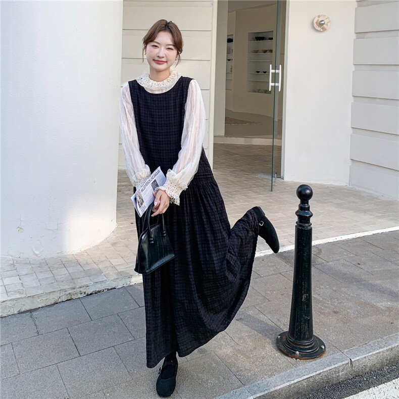 2026春赫本风蕾丝上衣+黑色格子连衣裙两件套2C375-576-P175-K258,女装套装/套裙,2C375