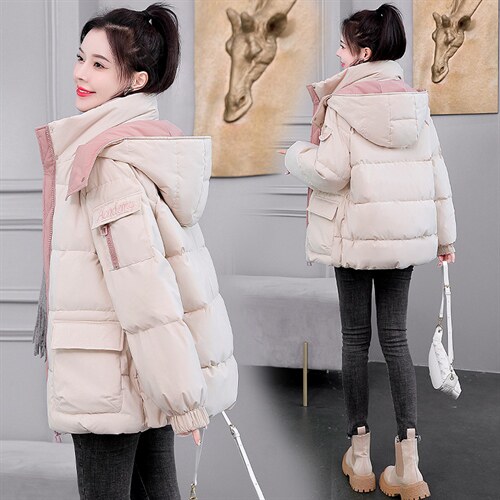 羽绒棉服女短款2024冬新款小个子宽松刺绣撞色加厚面包服棉袄外套,女装棉衣/棉服,关键词