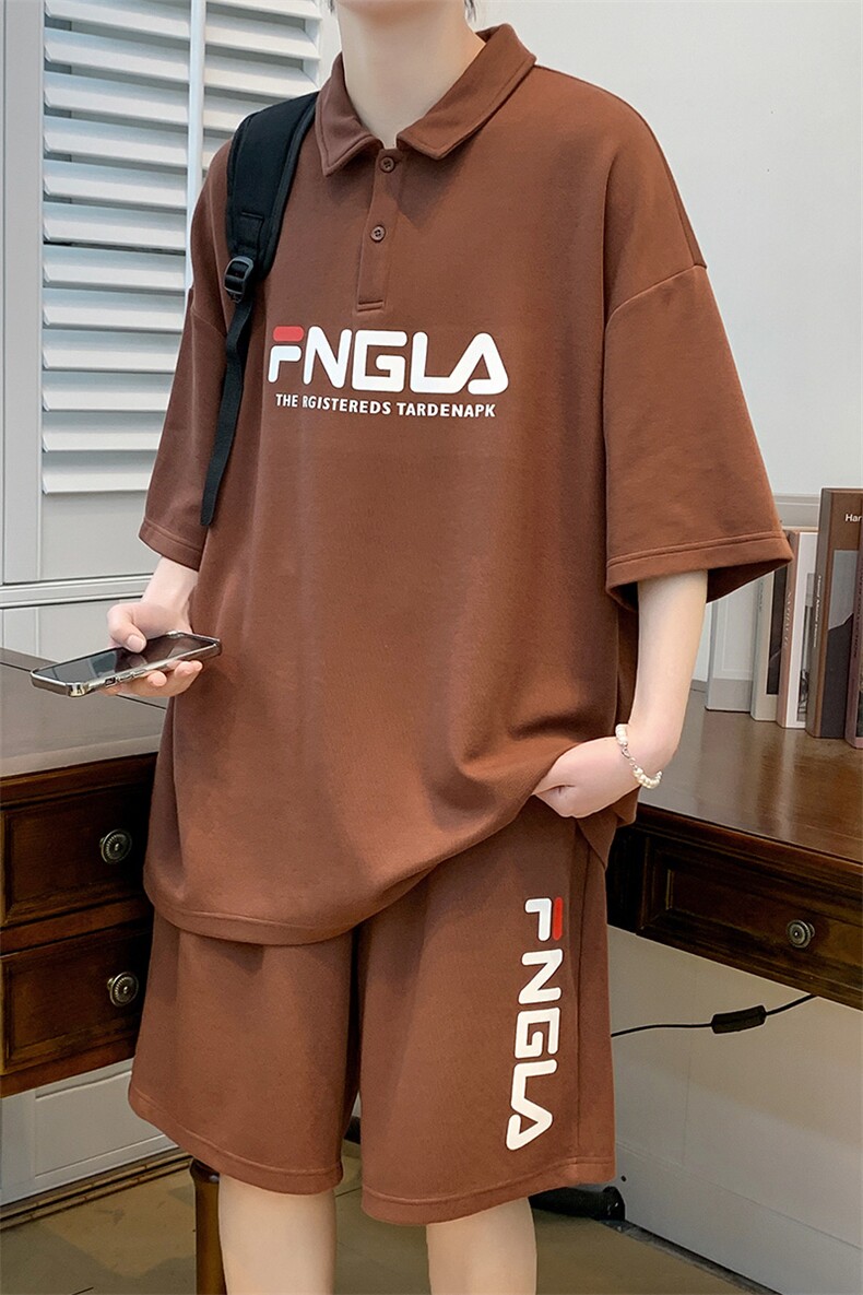 夏装青少年纯色半袖休闲套装印花翻领短裤T恤男女6623-P70控价98,男装T恤,电商A441-1