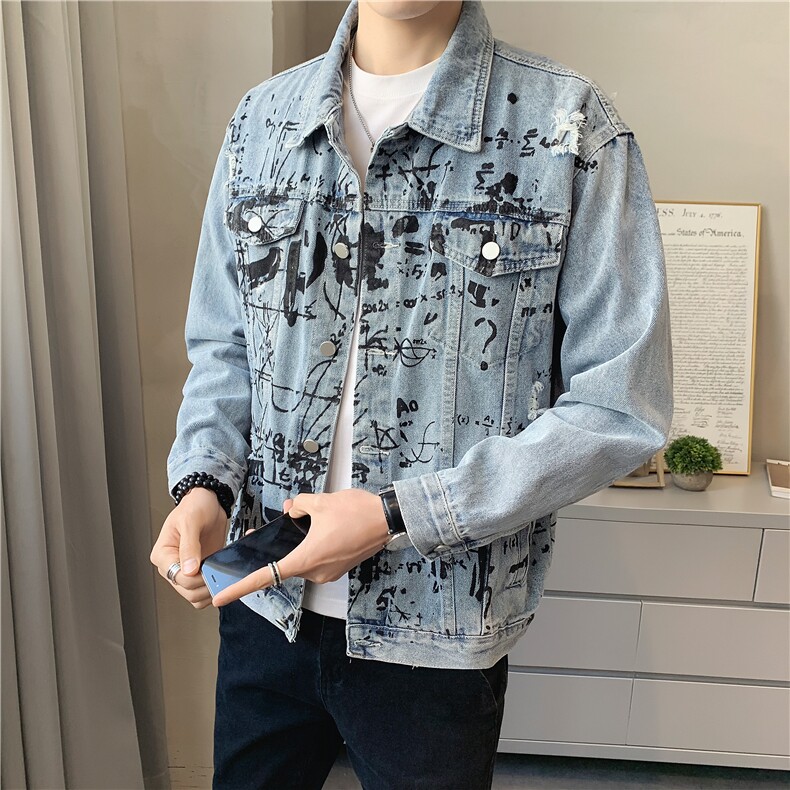 JK823-p90-限价138 现货店主风牛仔夹克肥仔量足破洞印花大码图片