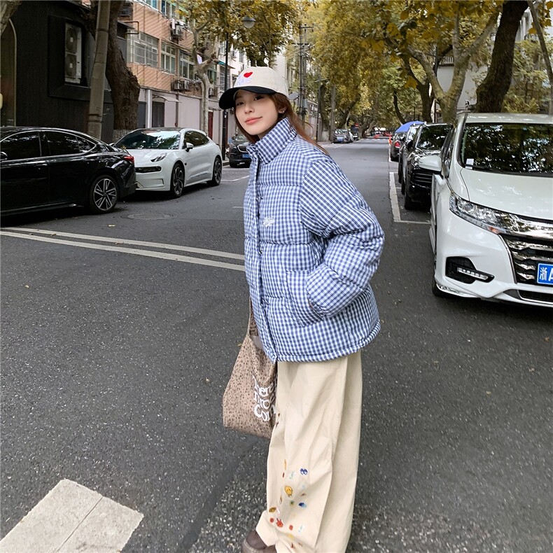 蓝色格子棉衣棉服2025冬季新款宽松面包服加厚外套,男装棉衣,星座410-7