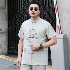 M-7XL夏季男式短袖唐装中国风亚麻爸爸棉麻衬衫加肥大码1809，男装衬衫，星座802