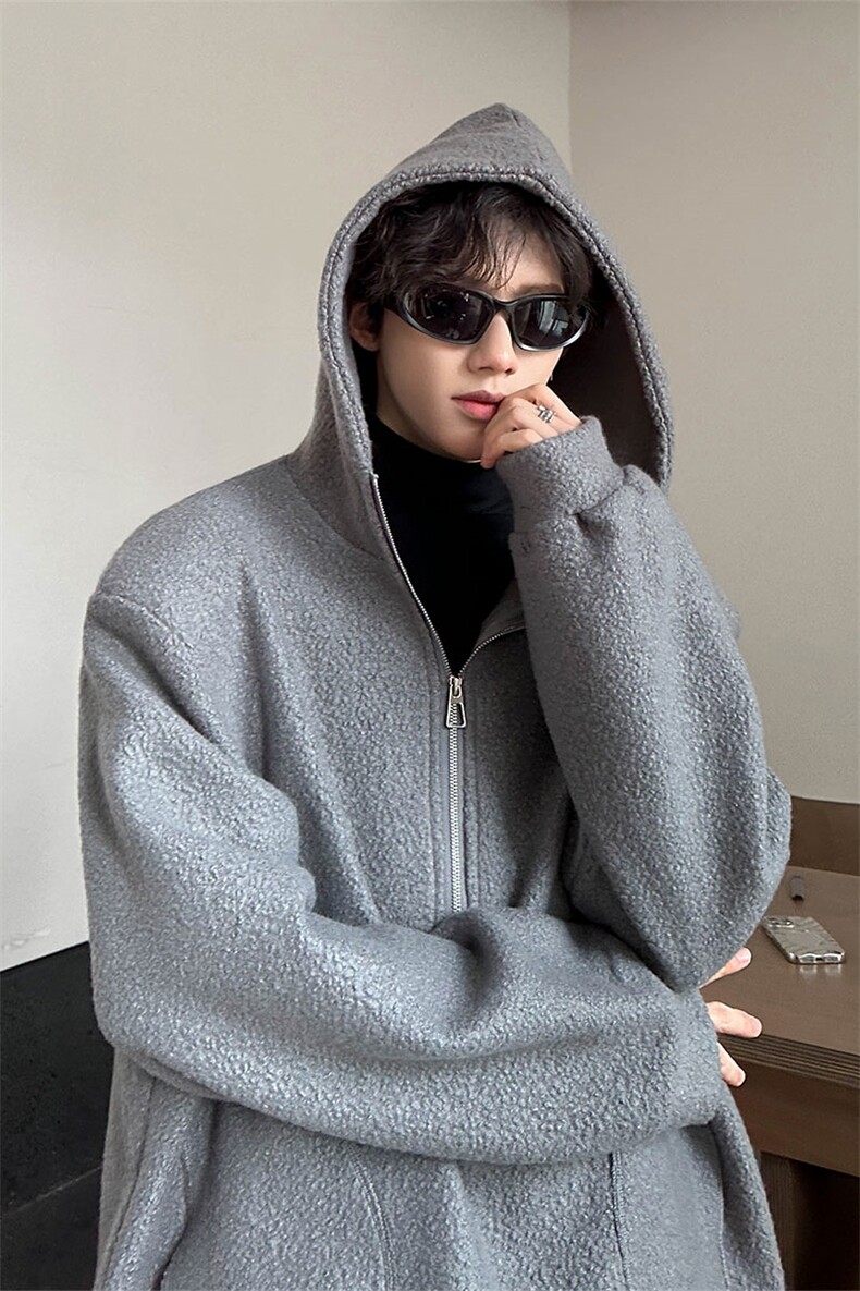 羊羔毛呢连帽卫衣垫肩秋冬高领拉链设计潮牌外套871P88,女装短外套,电商A458A