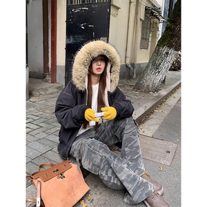 现货重磅boxy短款棉衣座山雕大毛毛领男女棉服水洗工装厚外套,灰色卫裤搭配卡其色鞋男图片