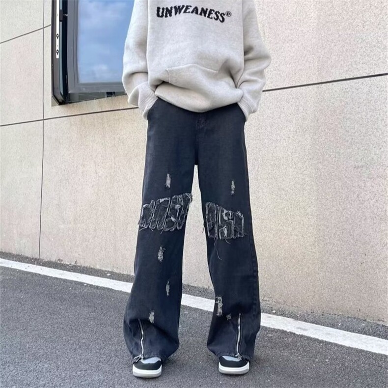 潮裤子美式复古毛边设计感直筒牛仔裤显瘦拖地长裤阔腿P63,男装牛仔裤,四季星座218-1