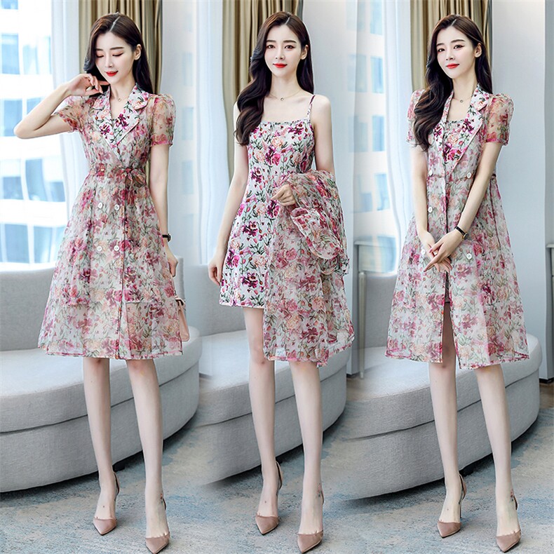 2021夏季新款时尚优雅气质碎花雪纺两件套外套加连衣裙，女装套装/套裙，艾仟回(原伊仟回)