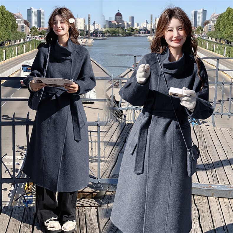 双面羊毛大衣女款2024秋冬新款韩版宽松气质优雅羊毛呢外套配包包，女装双面呢大衣，韩蜜菓