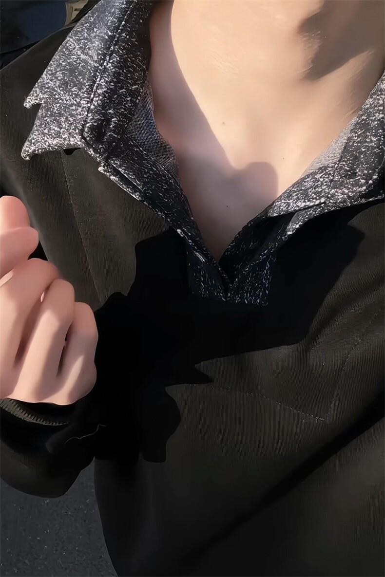 男士春秋卫衣设计款美式长袖打底衫polo衫假两件双领卫衣外套男,男装T恤,电商B319