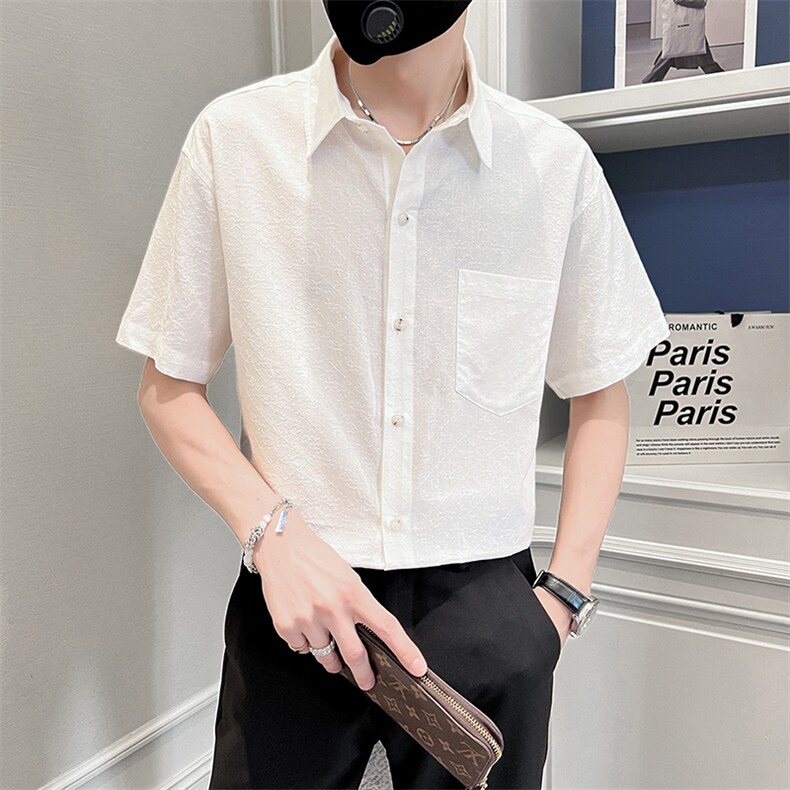 抖音品质棉衬衫短袖衬衫男装社会小伙休闲宽松衬衣TZ99P50控78,男装T恤,电商B413