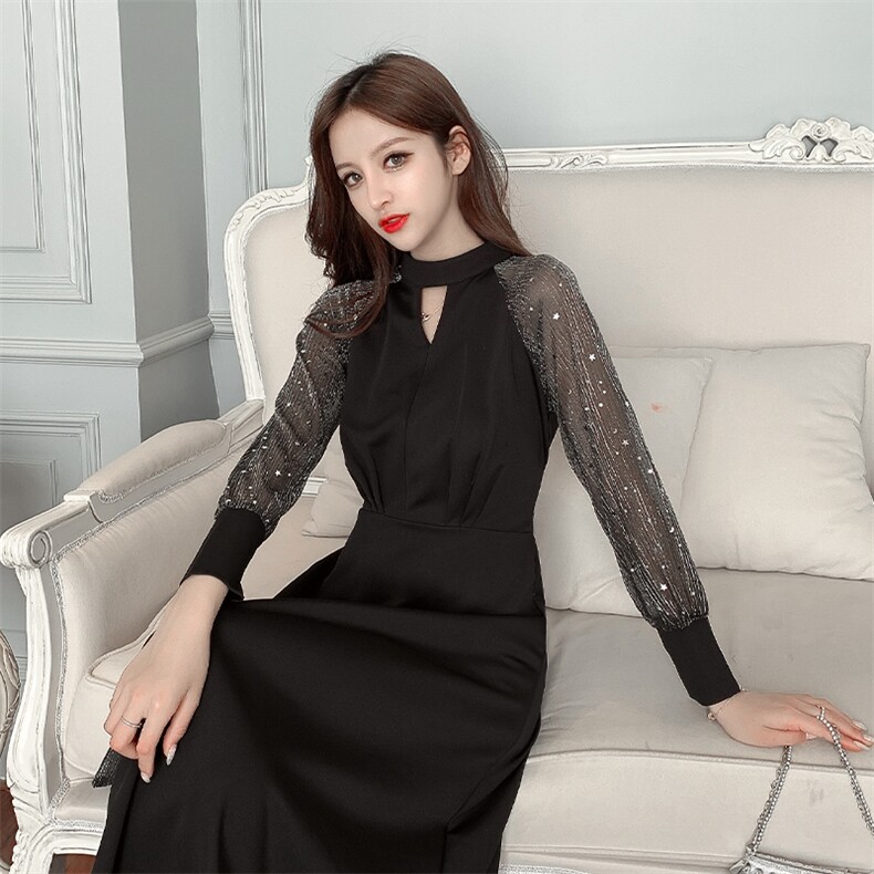 气质晚礼服女冬季长袖宴会高贵黑色长袖小个子年会名媛显瘦中长款，女装连衣裙，潮品会