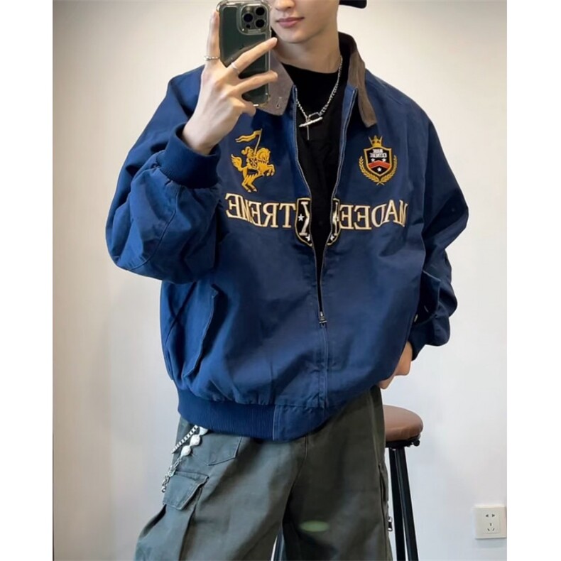 美式复古小众高级感秋季新款外套男底特律工装刺绣翻领夹克潮,男装夹克,星座601-1