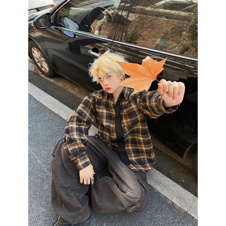 日系复古秋季衬衫男咖色男生穿搭格子衣服青少年长袖衬衣CG42,男装衬衫,星座1116A（原606A-3）